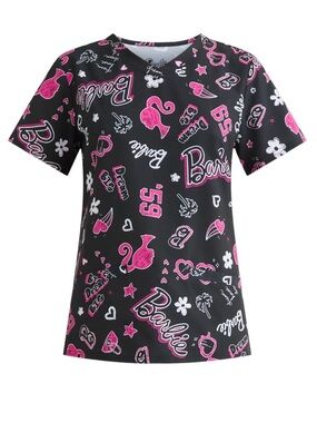 Barbie Black Tee with Hot Pink & White Allover Graphics